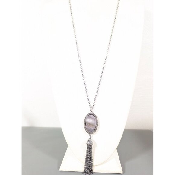 Boho Coastal Chic Abalone Shell Chain Tassel Rhinestone Necklace Long 32" - Picture 2 of 10